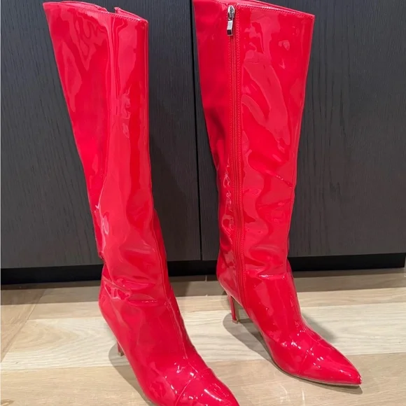Red Patent Leather Knee-High Boots - Picture 2 of 6